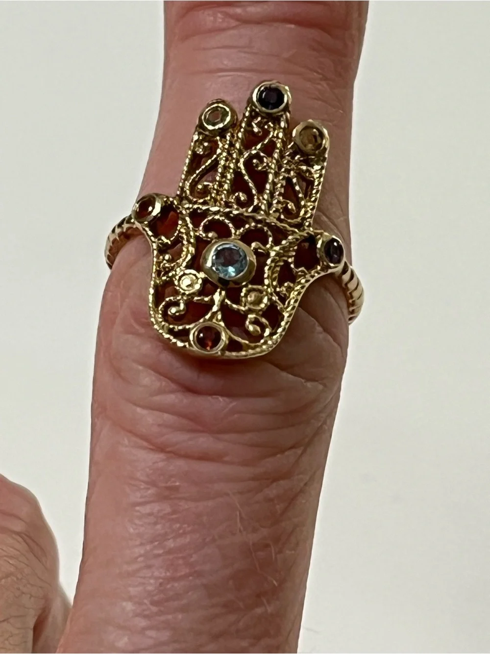 925 Sterling Silver 14K Gold Plated Hamsa Hand Chakra Gemstone Ring Sz 9